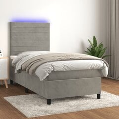 Atsperu gulta ar matraci un LED gaismām vidaXL, 90x200 cm, gaiši pelēks cena un informācija | Gultas | 220.lv