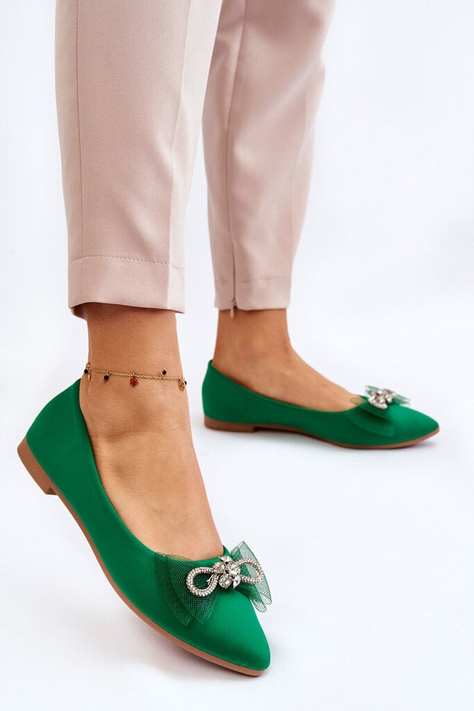 Sieviešu balerīnu apavi ar V veida kakla izgriezumu ar dekoratīvu banti, mirdzoši zaļi 23450-H cena un informācija | Sieviešu kurpes | 220.lv