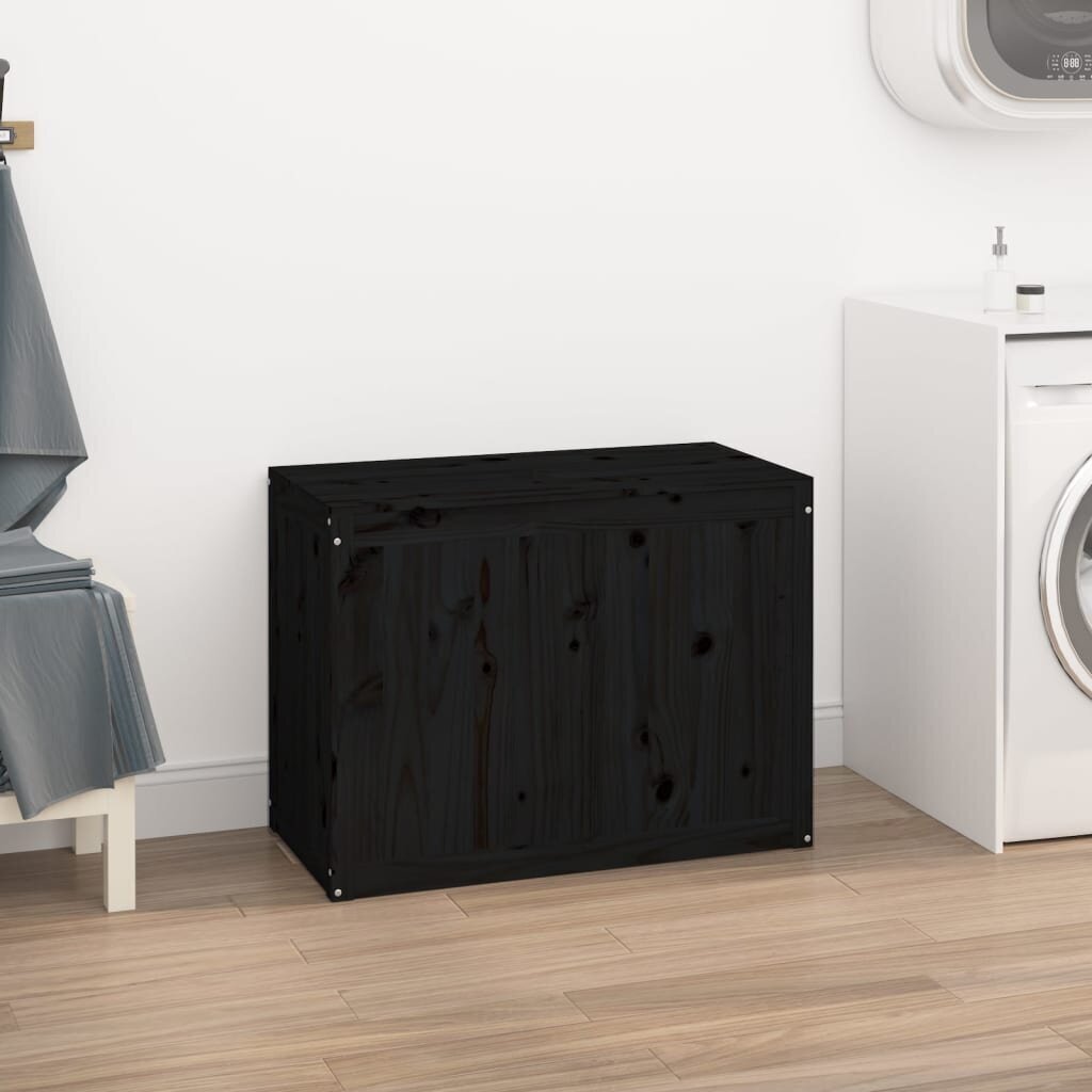vidaXL veļas kaste, melna, 88,5x44x66 cm, priedes masīvkoks cena un informācija | Vannas istabas aksesuāri | 220.lv