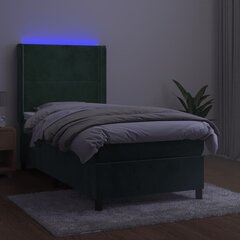 Atsperu gulta ar matraci un LED gaismām vidaXL, 90x190 cm, tumši zaļš цена и информация | Кровати | 220.lv