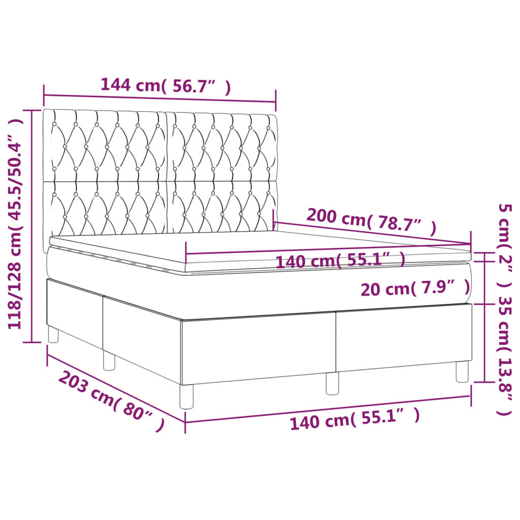 Atsperu gulta ar matraci un LED gaismām vidaXL, 140x200 cm, melns cena un informācija | Gultas | 220.lv