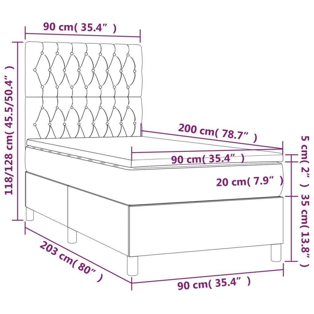 Atsperu gulta ar matraci un LED gaismām vidaXL, 90x200 cm, zils cena un informācija | Gultas | 220.lv