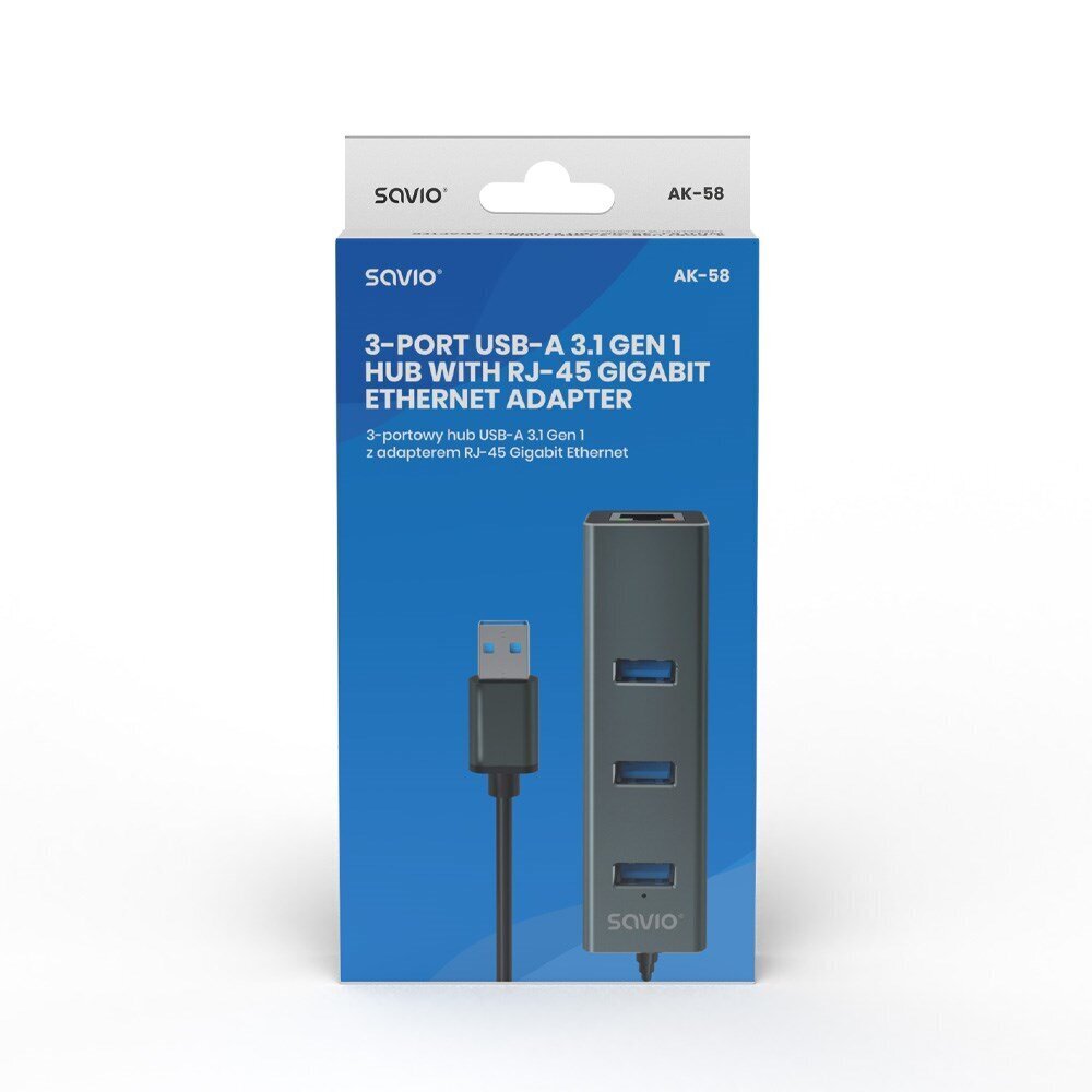 USB Centrmezgls Savio 3-port USB-A 3.1 Gen 1 Hub with RJ-45 Gigabit Ethernet цена и информация | Adapteri un USB centrmezgli | 220.lv