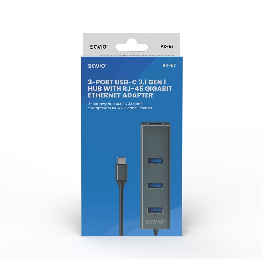 USB Centrmezgls Savio 3-port USB-C 3.1 GEN 1 hub with RJ-45 Gigabit Ethernet cena un informācija | Adapteri un USB centrmezgli | 220.lv