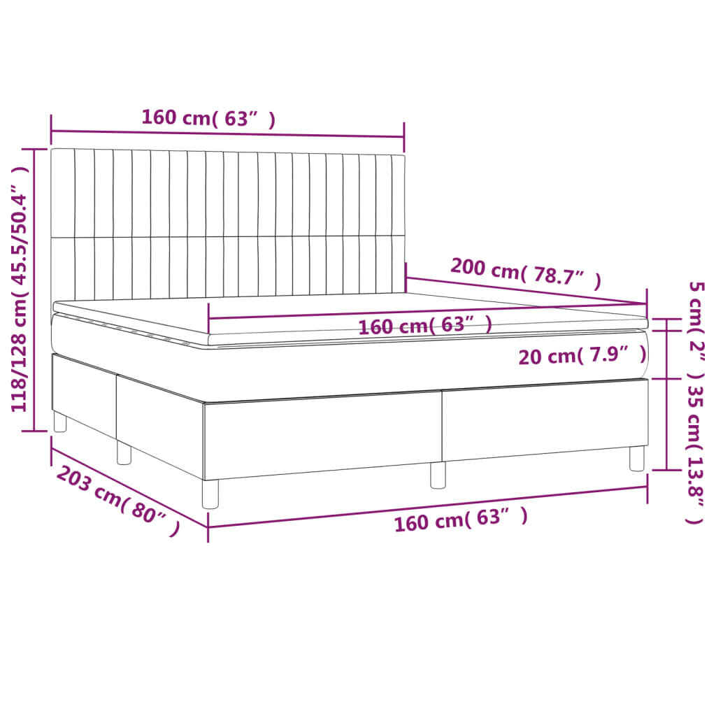 vidaXL atsperu gulta ar matraci, LED, tumši pelēks audums, 160x200 cm cena un informācija | Gultas | 220.lv