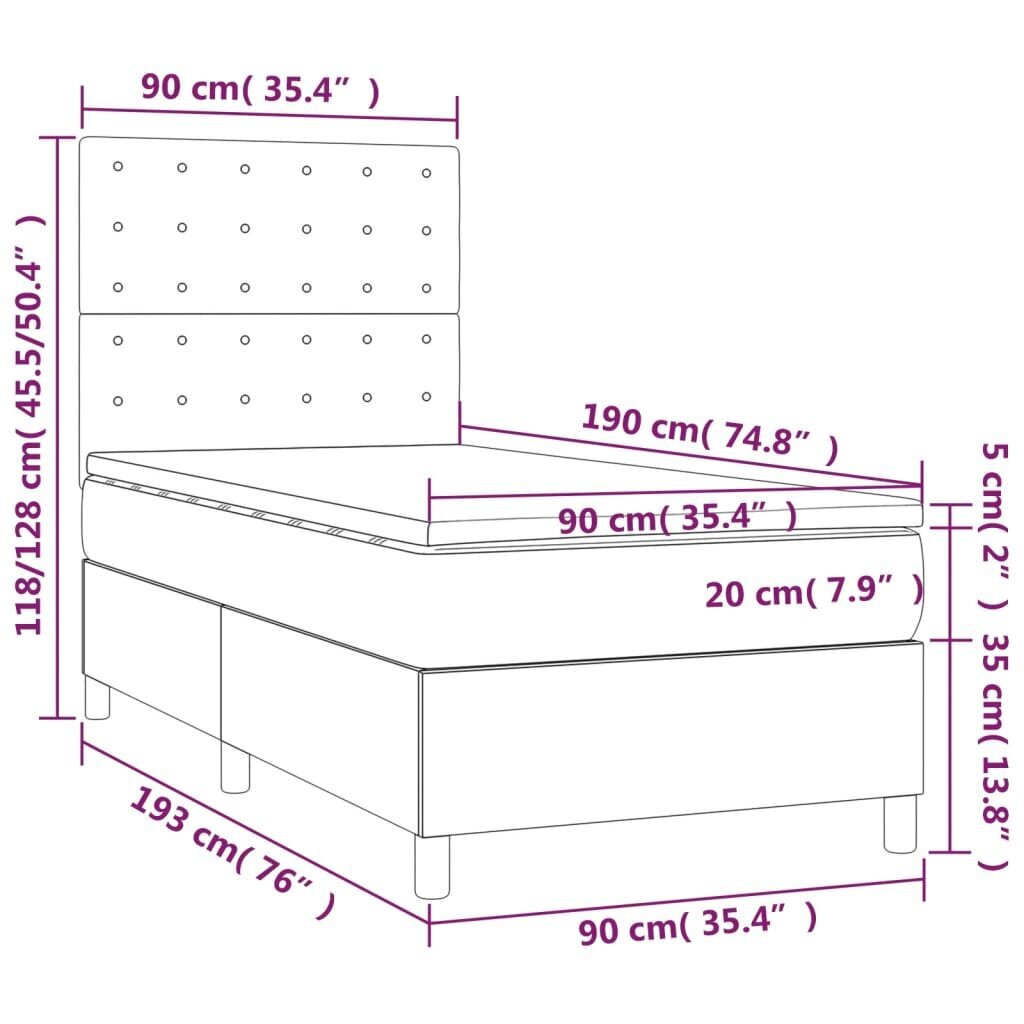 Atsperu gulta ar matraci un LED gaismām vidaXL, 90x190 cm, krēmkrāsas cena un informācija | Gultas | 220.lv