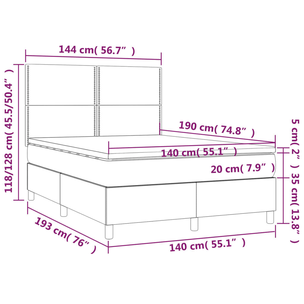 Atsperu gulta ar matraci un LED gaismām vidaXL, 140x190 cm, krēmkrāsas cena un informācija | Gultas | 220.lv