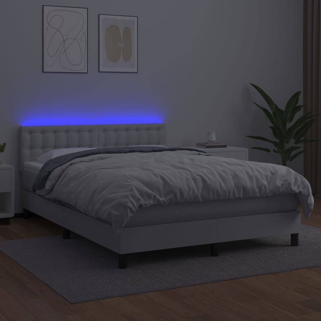Atsperu gulta ar matraci un LED gaismām vidaXL, 140x190 cm, balts cena un informācija | Gultas | 220.lv