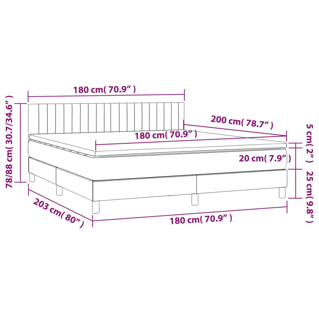 Atsperu gulta ar matraci un LED gaismām vidaXL, 180x200 cm, rozā cena un informācija | Gultas | 220.lv