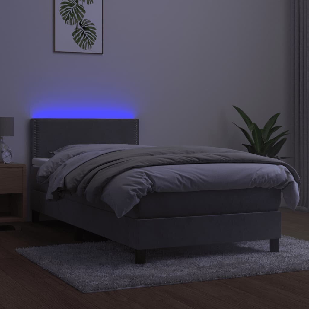 Atsperu gulta ar matraci un LED gaismām vidaXL, 90x200 cm, gaiši pelēks цена и информация | Gultas | 220.lv
