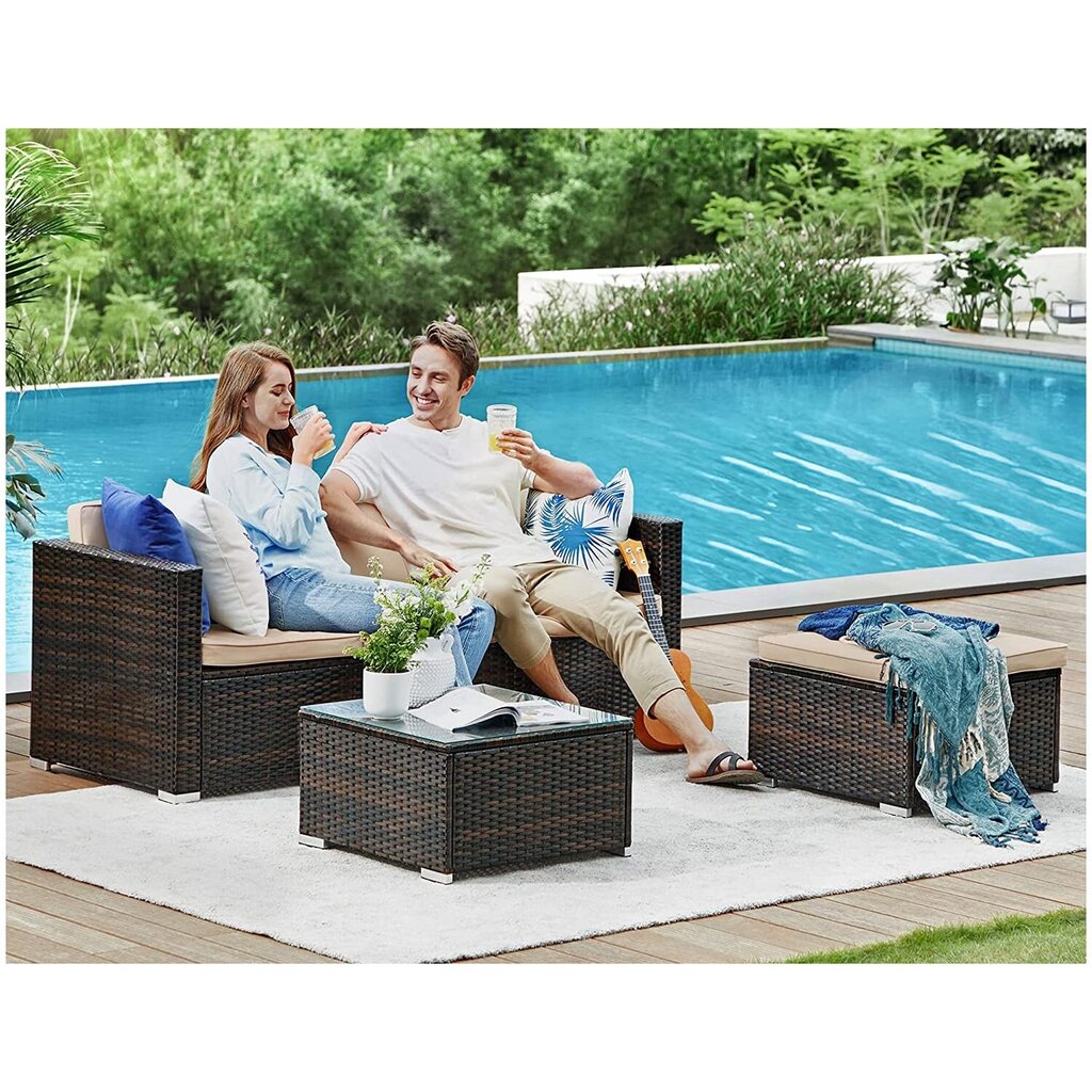 Dārza dīvāns ar galdu izgatavots no PE polirotangpalmas, brūnā krāsā cena un informācija | Dārza mēbeļu komplekti | 220.lv