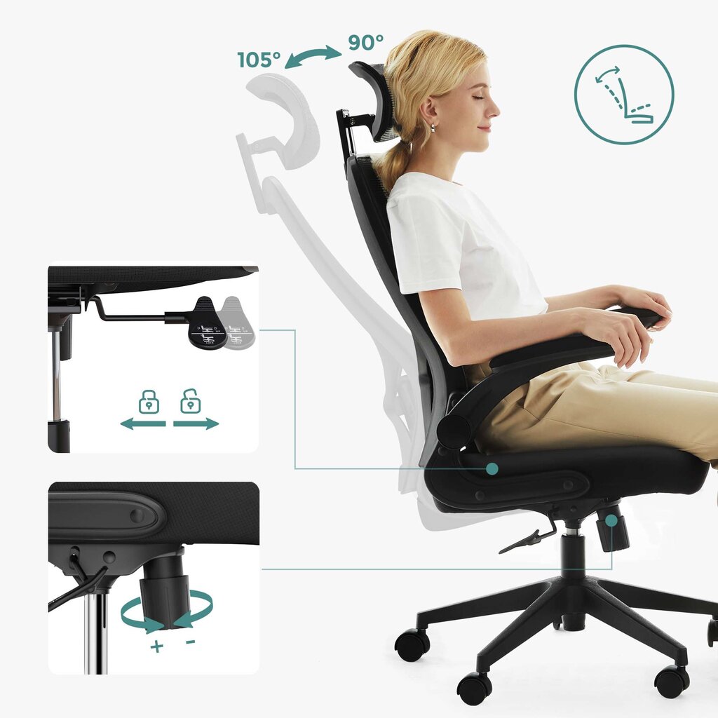 Biroja krēsls ar regulējamiem roku balstiem, melnā krāsā cena un informācija | Biroja krēsli | 220.lv