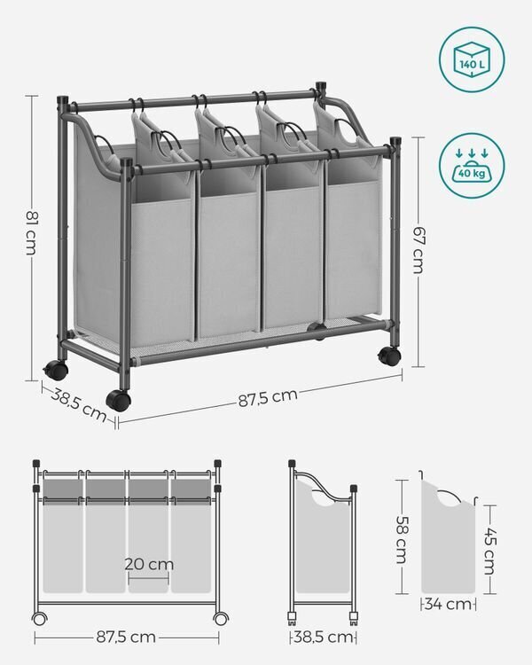 Veļas maisiņš SONGMICS 4 x 35 L, pelēks cena un informācija | Pakaramie un apģērbu maisi | 220.lv