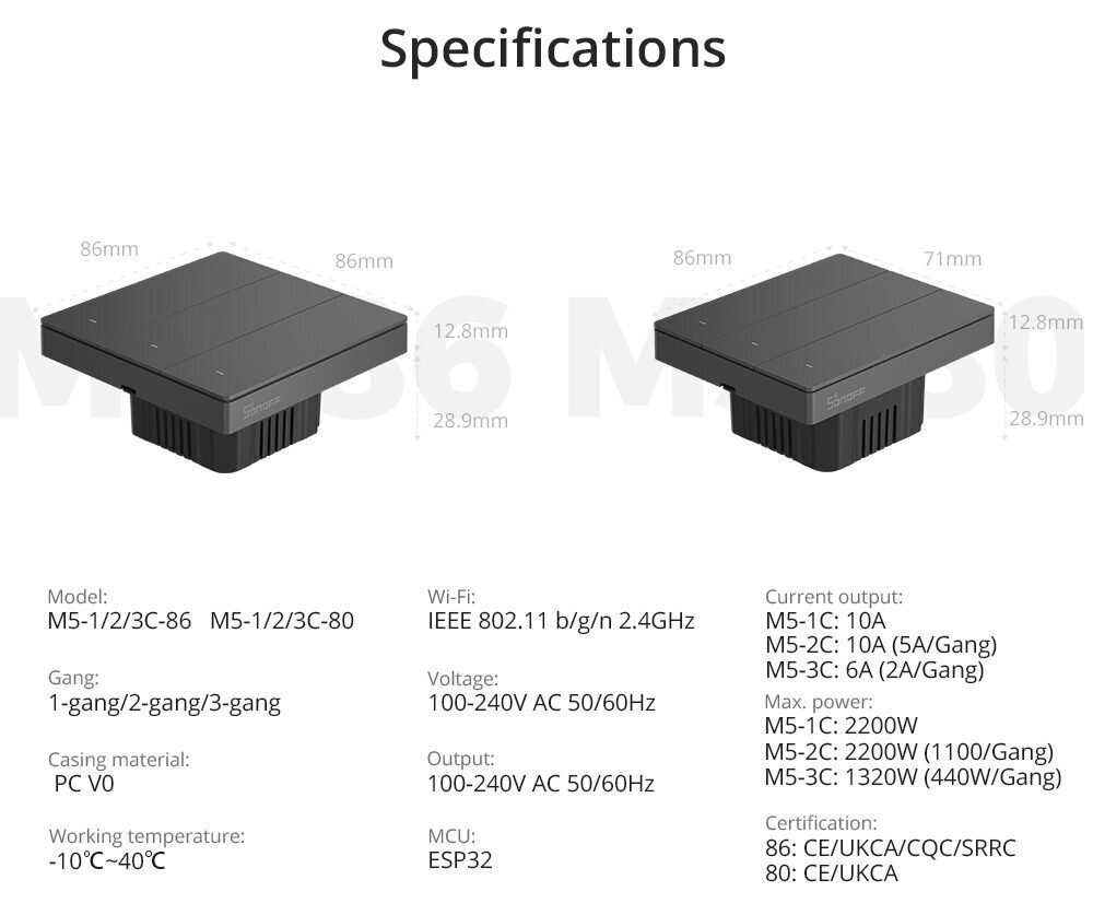 Slēdzis Sonoff 80 mm plats M5-1C-80 cena un informācija | Elektrības slēdži, rozetes | 220.lv