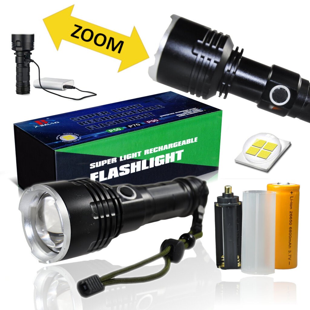 XHP90 LED taktiskais lukturītis ar POWERBANK 18650 / 26650 vai AAA šūnām цена и информация | Lukturi | 220.lv