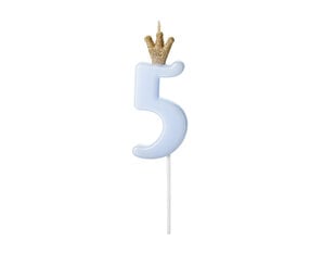 Свеча ко дню рождения, № 5, голубая с короной, 9,5см цена и информация | Праздничные декорации | 220.lv