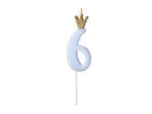 Свеча ко дню рождения, № 6, голубая с короной, 9,5см цена и информация | Праздничные декорации | 220.lv