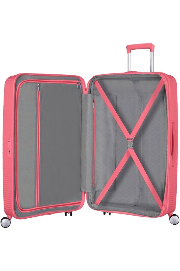 American Tourister lielais ceļojumu koferis Soundbox Spinner Expandable 77 cm, Sun Kissed Coral L cena un informācija | Koferi, ceļojumu somas | 220.lv