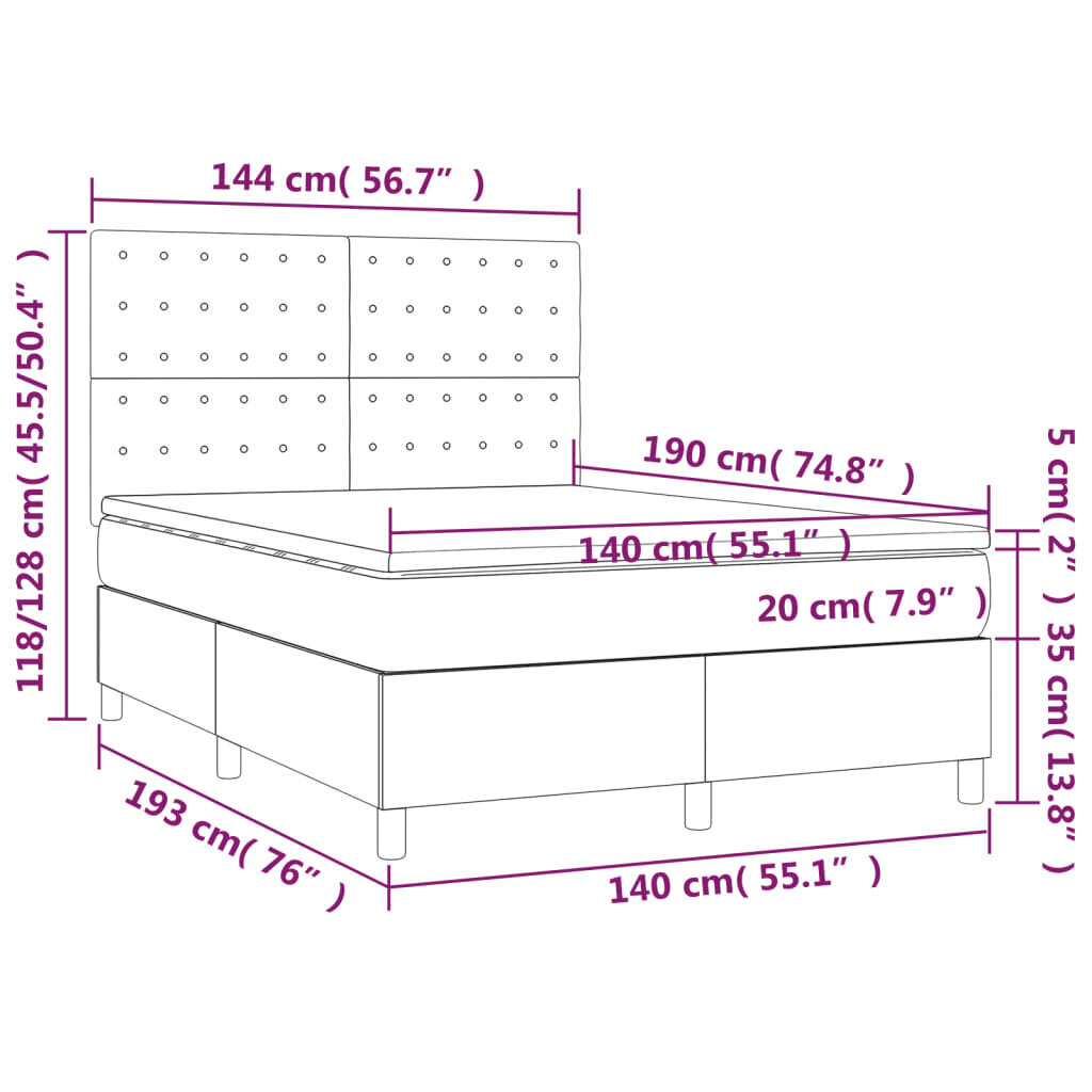 vidaXL atsperu gulta ar matraci, LED, balta, 140x190 cm, mākslīgā āda cena un informācija | Gultas | 220.lv