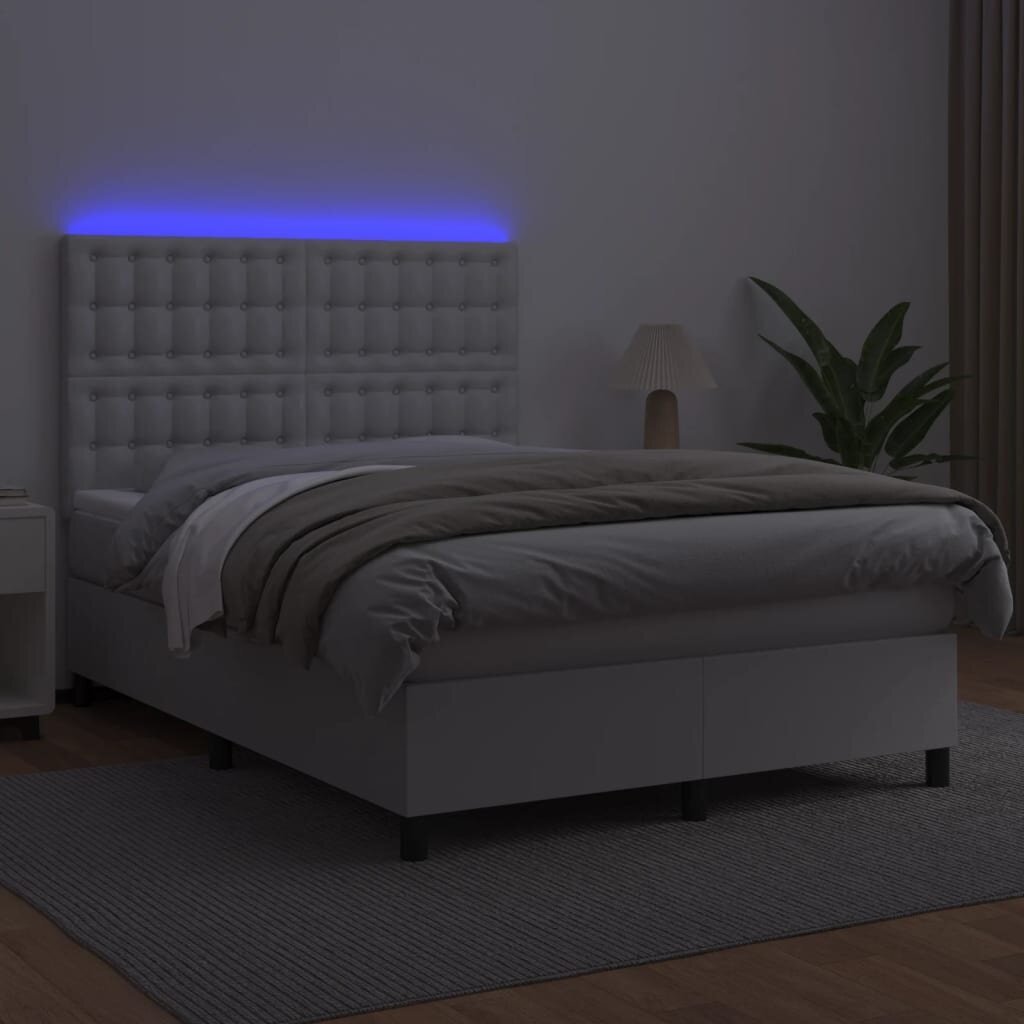 vidaXL atsperu gulta ar matraci, LED, balta, 140x190 cm, mākslīgā āda cena un informācija | Gultas | 220.lv