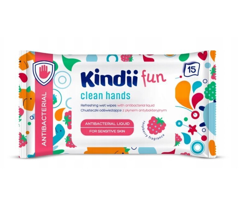 Mitrās salvetes Kindii Fun Antibacterial Wipes, 15 gab. cena un informācija | Mitrās salvetes, vienreizlietojamie paladziņi | 220.lv