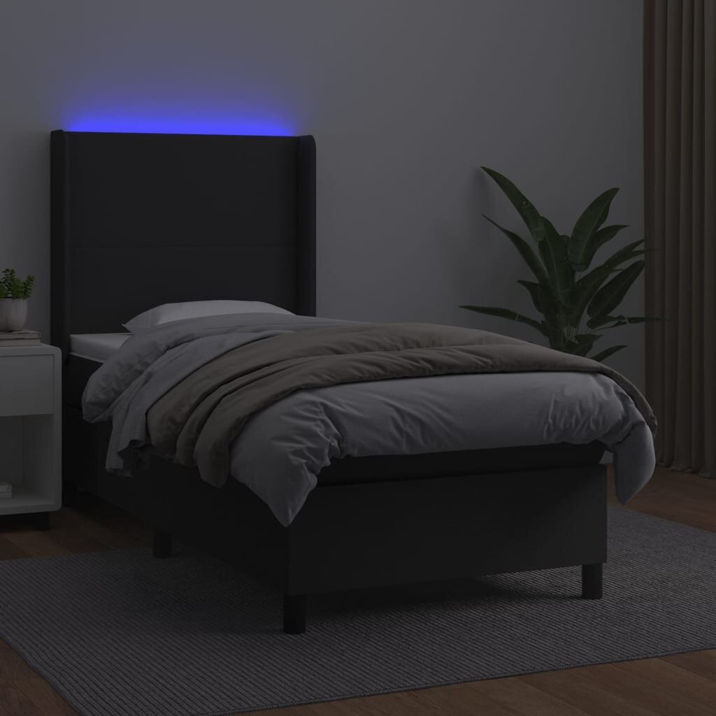 vidaXL atsperu gulta ar matraci, LED, melna, 90x190 cm, mākslīgā āda cena un informācija | Gultas | 220.lv