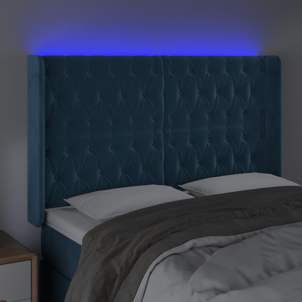 vidaXL gultas galvgalis ar LED, 147x16x118/128 cm, tumši zils samts цена и информация | Gultas | 220.lv