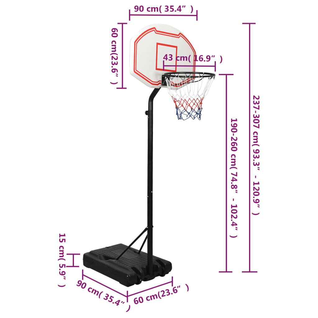 vidaXL basketbola vairogs, balts, 237-307 cm, polietilēns цена и информация | Basketbola statīvi | 220.lv