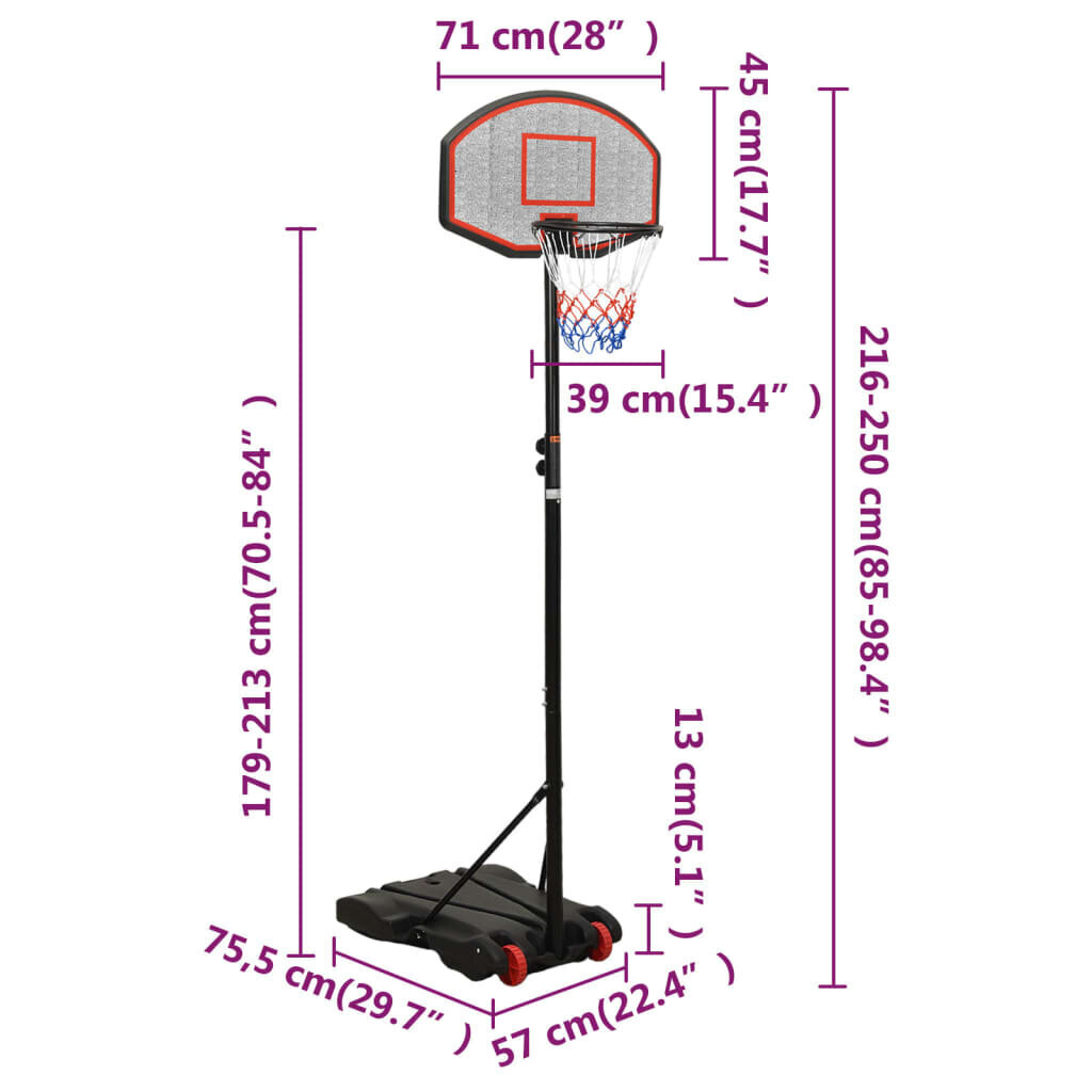 vidaXL basketbola vairogs, melns, 216-250 cm, polietilēns cena un informācija | Basketbola statīvi | 220.lv