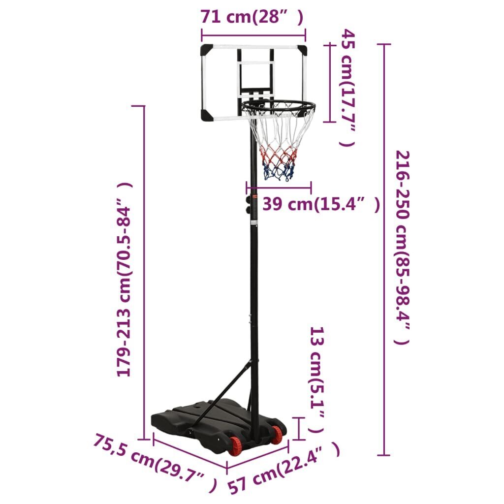 vidaXL basketbola vairogs, caurspīdīgs, 216-250 cm, polikarbonāts cena un informācija | Basketbola statīvi | 220.lv
