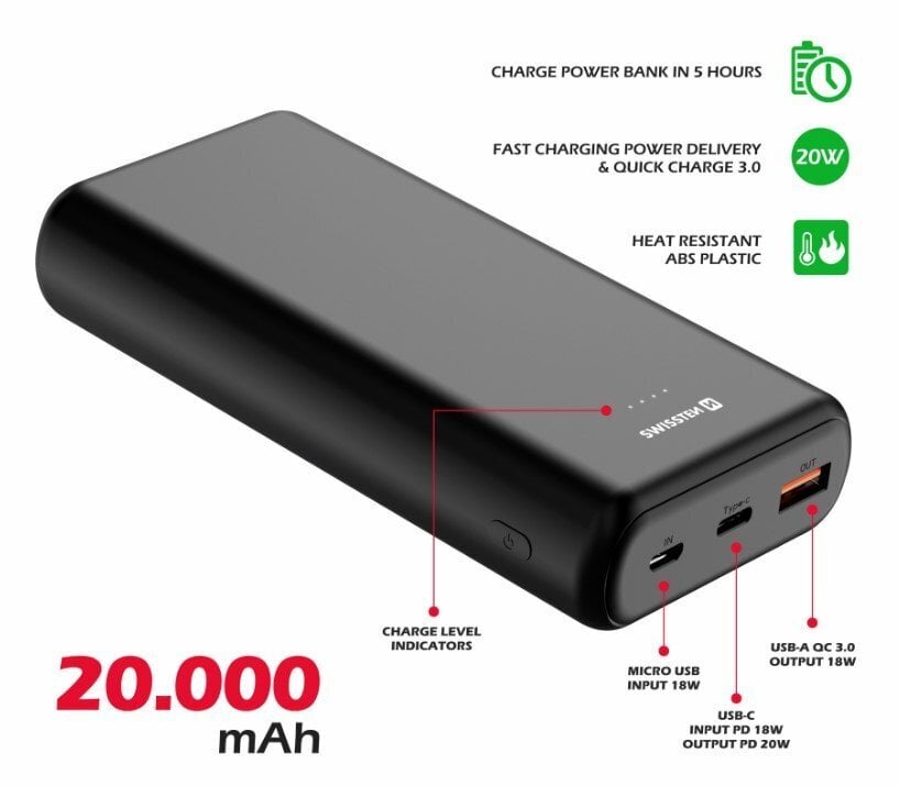 Swissten Line Power Banka Ārējās Uzlādes Baterija USB / USB-C / Micro USB / 20W / 20000 mAh цена и информация | Lādētāji-akumulatori (Power bank) | 220.lv