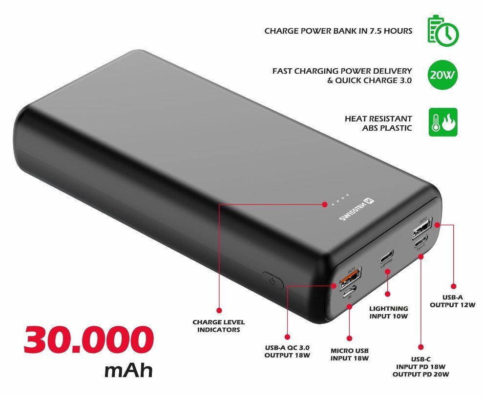 Swissten Line Power Banka Ārējās Uzlādes Baterija 2xUSB / USB-C / Micro USB / Lightning / 20W / 30000 mAh cena un informācija | Lādētāji-akumulatori (Power bank) | 220.lv