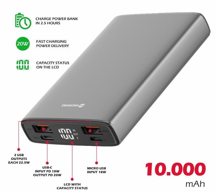 Swissten Aluminium 10000 mAh cena un informācija | Lādētāji-akumulatori (Power bank) | 220.lv