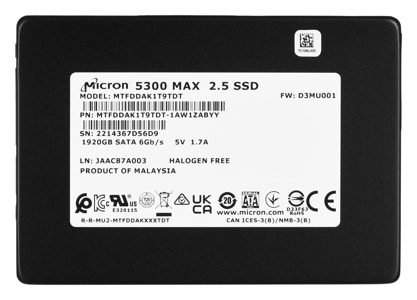 SSD iekšējais cietais disks Micron 5300 MAX (MTFDDAK1T9TDT-1AW1ZABYYR) cena  | 220.lv