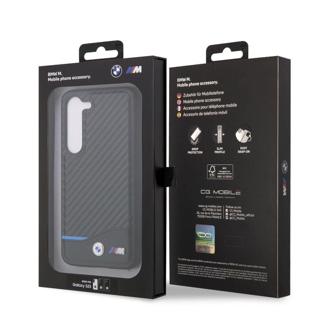 BMW M PU Carbon Blue Line Case for Samsung Galaxy S23 Black цена | 220.lv