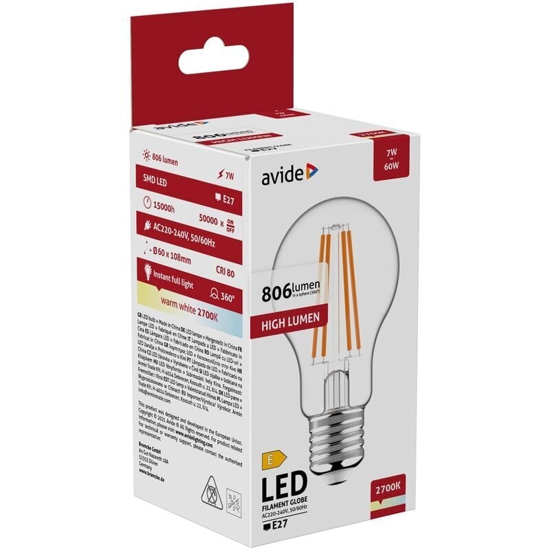 LED spuldze AVIDE 7W E27 Kvēldiegs cena un informācija | Spuldzes | 220.lv