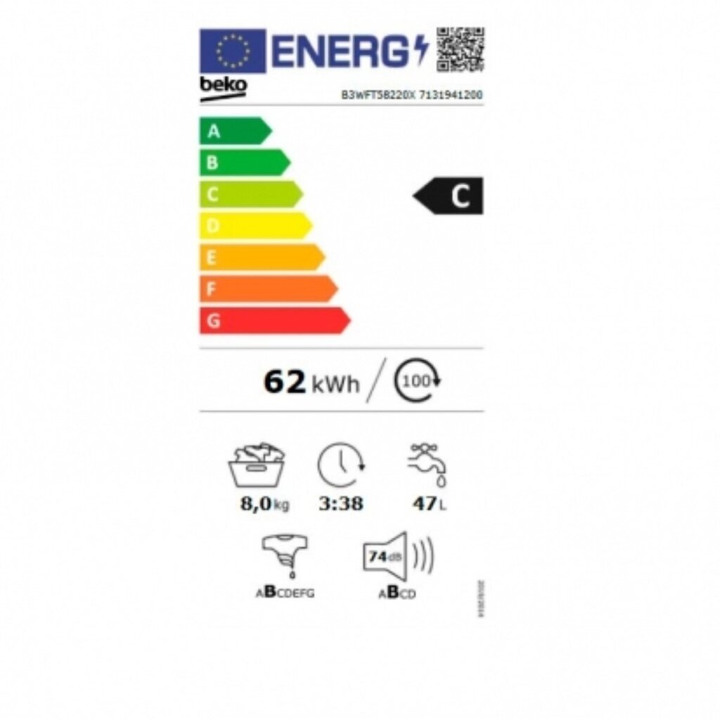 Mazgāšanas mašīna BEKO B3WFT58220X 8 kg 1200 rpm cena un informācija | Veļas mašīnas | 220.lv