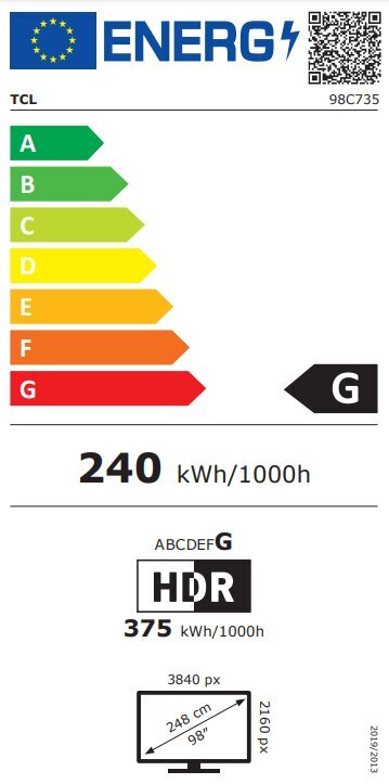 Viedais TV TCL 98C735 98&quot; 4K ULTRA HD QLED WIFI cena un informācija | Televizori | 220.lv