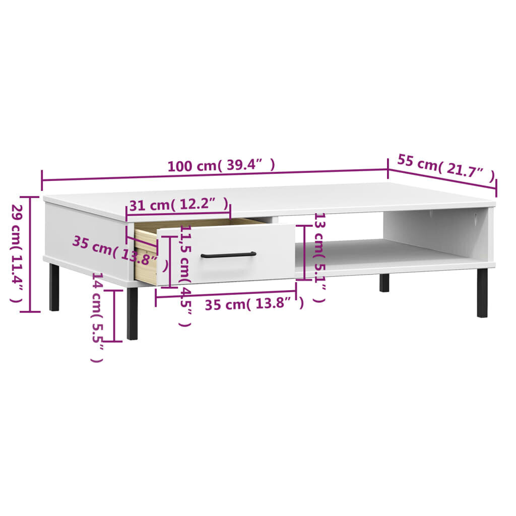vidaXL kafijas galdiņš ar metāla kājām OSLO,, balts, priedes masīvkoks cena un informācija | Žurnālgaldiņi | 220.lv