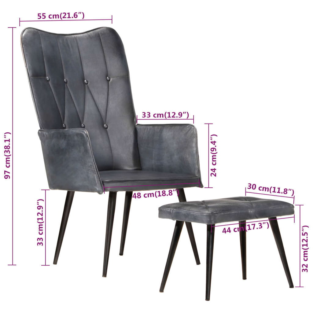 vidaXL atzveltnes krēsls ar kāju balstu, pelēka dabīgā āda cena un informācija | Atpūtas krēsli | 220.lv