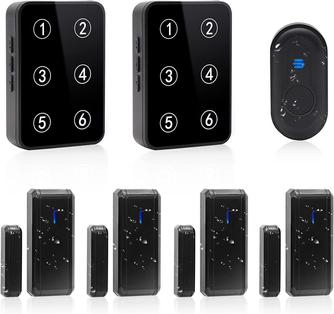 ChunHee durvju un logu sensori, magnētiski, ūdensnecaurlaidīgi, melni, 4 durvju sensori, 1 durvju zvans, 2 uztvērēji cena un informācija | Sensori | 220.lv