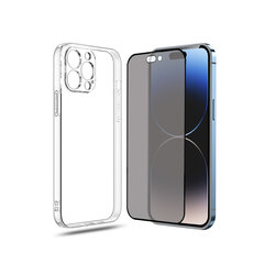 Komplekts Apple iPhone 14 Pro - vāciņš Crystal Clear Hard Case ( Glass ) un aizsargstikls pilnam ekrānam 5D Privacy cena un informācija | Telefonu vāciņi, maciņi | 220.lv