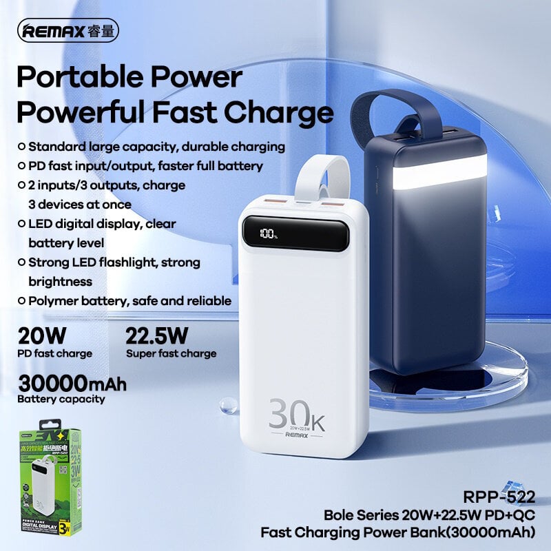 Remax RPP-522 30000mAh Uzlādes akumulātors 2x USB 20W + 22.5W PD USB-C QC Ātra uzlāde LCD Zila cena un informācija | Lādētāji-akumulatori (Power bank) | 220.lv