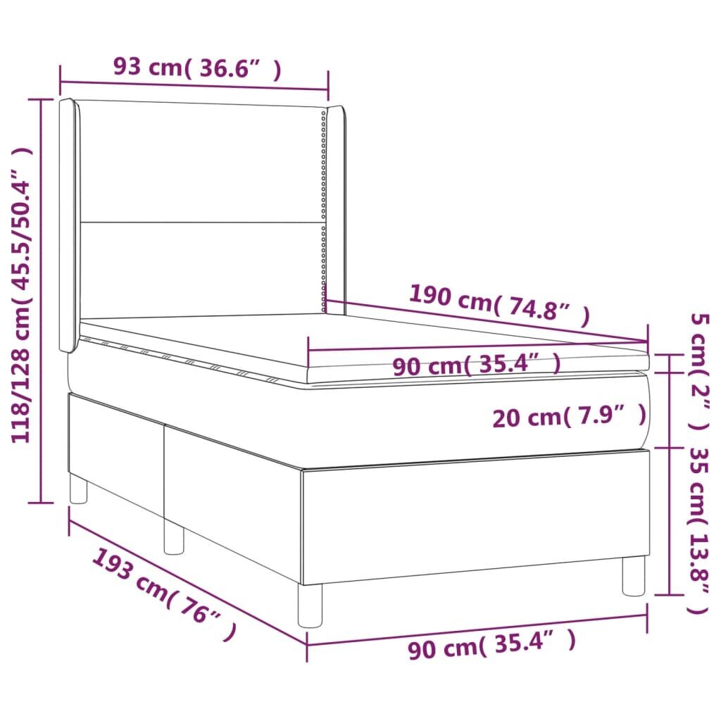 vidaXL atsperu gulta ar matraci, LED, balta, 90x190 cm, mākslīgā āda cena un informācija | Gultas | 220.lv