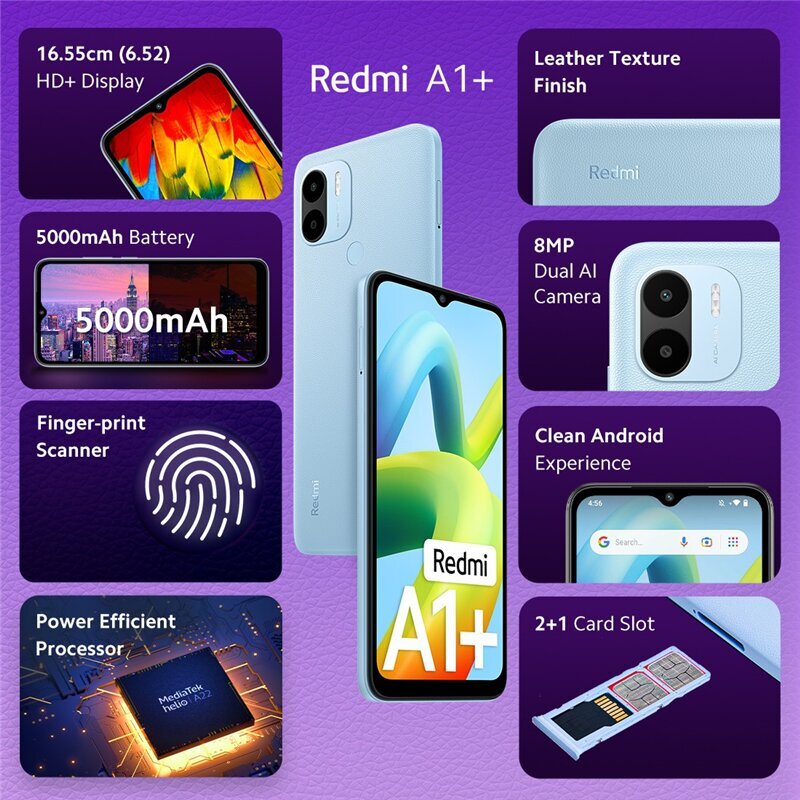Xiaomi Redmi A1 Plus Dual SIM 2/32GB MZB0CH4EU Light Blue cena un informācija | Mobilie telefoni | 220.lv