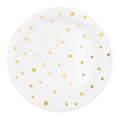 Одноразовые бумажные тарелки, 18 см, 6 шт, цвет: белый, звёзды, золото, 0612 цена и информация | Праздничная одноразовая посуда | 220.lv