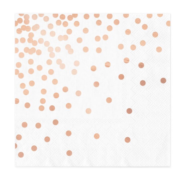 Papīra salvetes 33 x 33 cm, 10 gab, krāsa: balta, punktiņi - rozā zelts. 6209 cena un informācija | Vienreizējie trauki | 220.lv