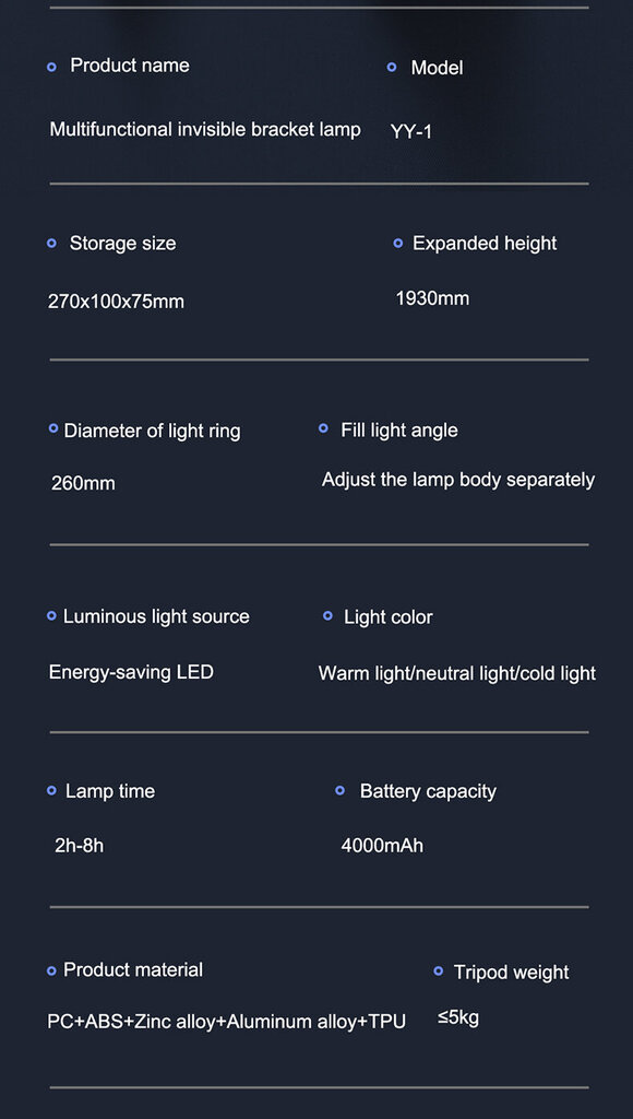 Saliekams gredzenveida LED gaisma ar iebūvētu statīvu 2m, 4000mAh akumulators, Cyke YY-1 ("Ring fill light") cena un informācija | Apgaismojums fotografēšanai | 220.lv