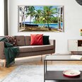 Vinila sienas uzlīme 3D loga ainava ar palmām un laivu — 130 x 80 cm