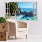 Vinila sienas uzlīme 3D logs ar kalnu ainavu pie jūras - 130 x 80cm цена и информация | Dekoratīvās uzlīmes | 220.lv